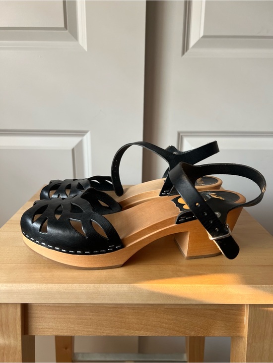 Swedish Hasbeens Shoes - Swedish Hasbeens Black Leather Cutout Clogs with Wooden Heel